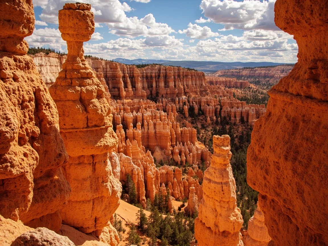 Cụm cột đá hoodoos Bryce Canyon màu cam đỏ dưới ánh sáng buổi sớm