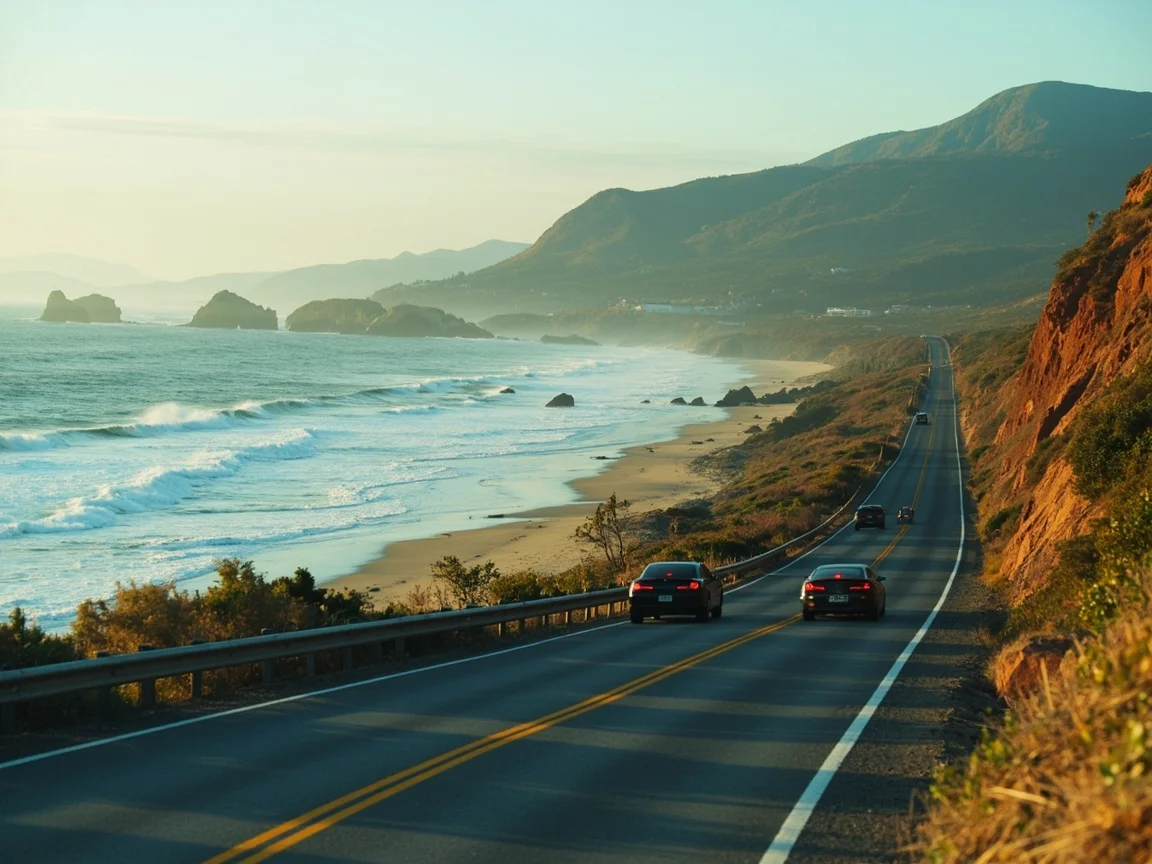 图片说明:太平洋海岸公路 Big Sur 路段黄昏景色,悬崖海岸线在夕阳下泛着金光