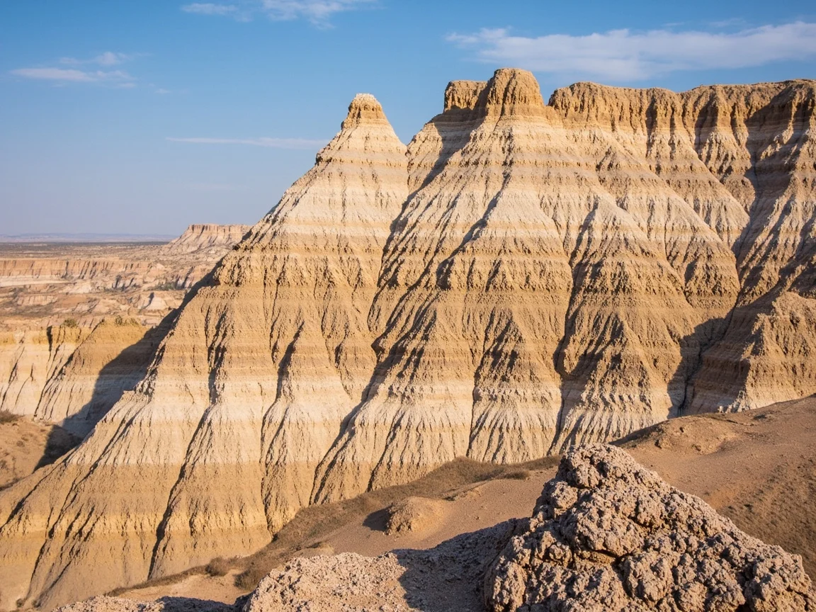 Chú thích ảnh: Biển cổng vào và quầy vé Badlands National Park, phía sau là các lớp đá xám trắng xếp chồng