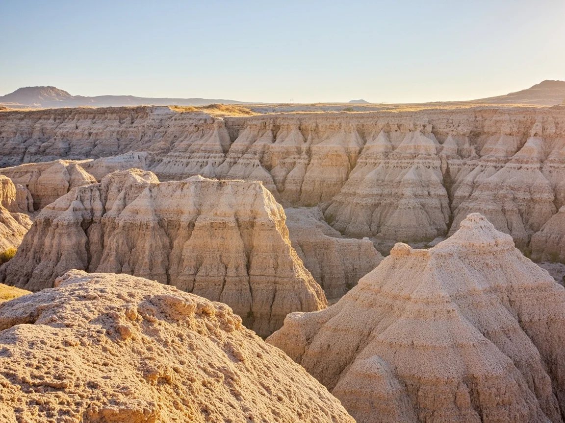 Chú thích ảnh: Đường nội bộ SD-240 trong Badlands National Park kéo dài về phía xa dưới hoàng hôn, hai bên là các vách đá có sọc đỏ sẫm và cam