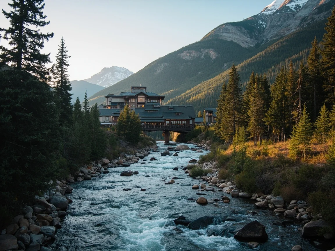 คำอธิบายภาพ: ภาพระยะไกลของโรงแรมกระท่อมไม้ในเช้าวันที่มีหมอกบางใน Vail