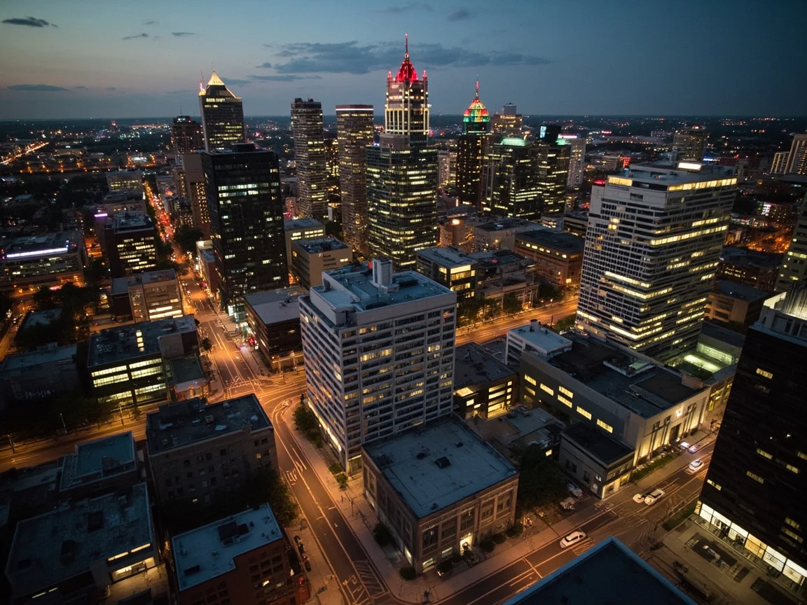 ทิวทัศน์ถนนใน downtown Raleigh และกราฟการเปลี่ยนแปลงราคาโรงแรม
