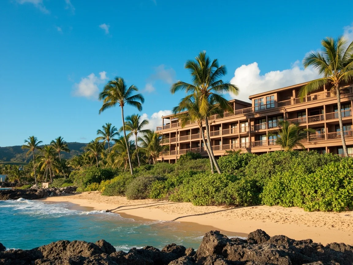 alt: balkoni hotel tepi pantai Maui melihat matahari terbit