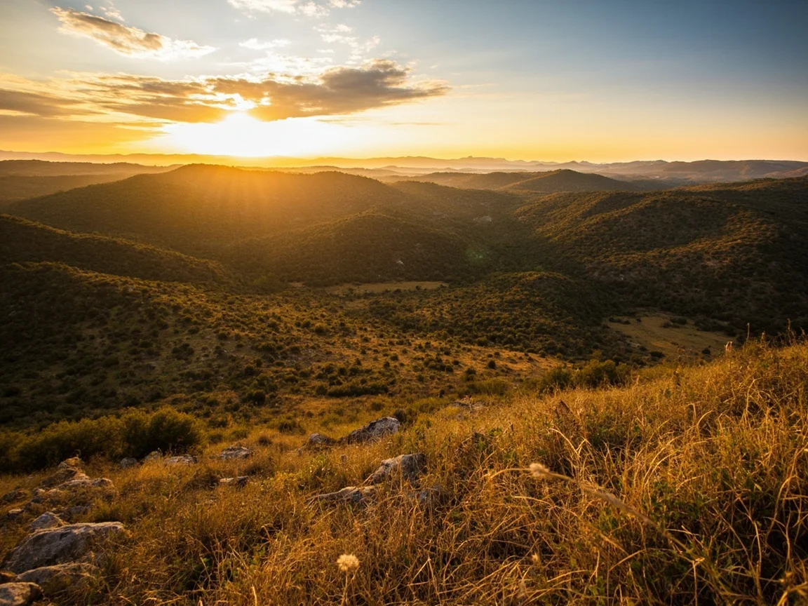 Kapsyen: Lebuhraya berbukit dan bunga liar Texas Hill Country ketika matahari terbit