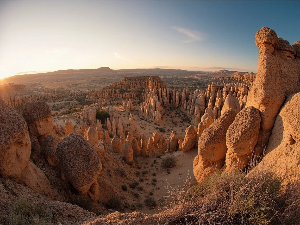 Penerangan gambar: Pemandangan dinding batu dari Condor Gulch Overlook pada waktu senja