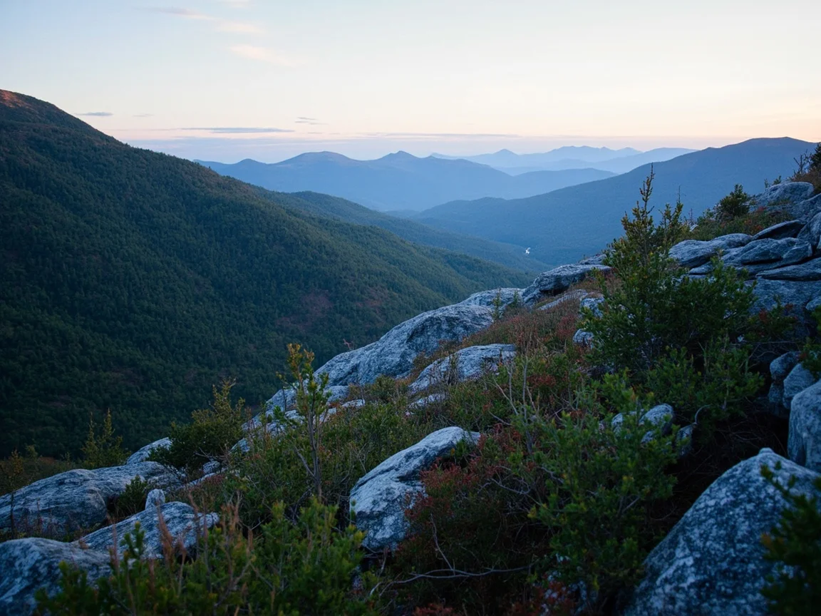 Rajah 1: Pandangan udara jalan raya lembah dan daun merah musim luruh White Mountains New Hampshire