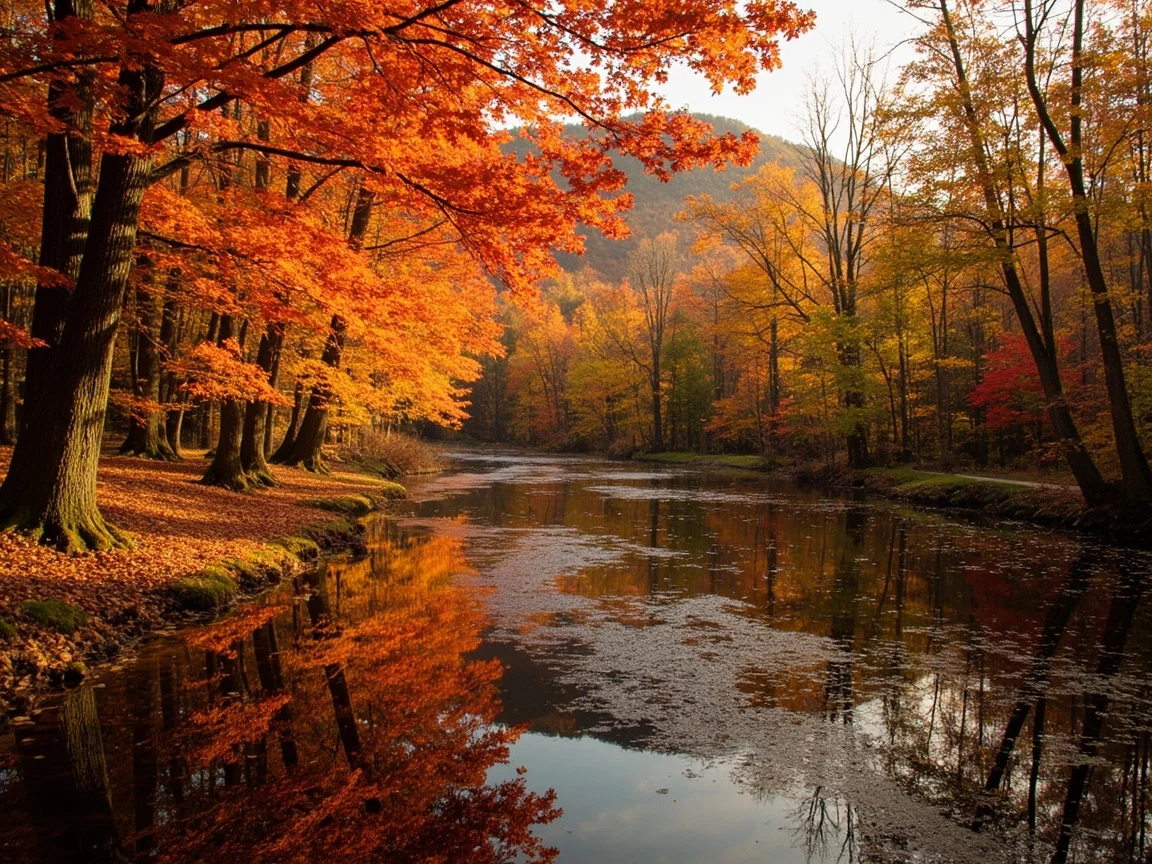 Lorong kampung Vermont dengan warna musim luruh, pokok maple keemasan dan merah di kedua-dua sisi