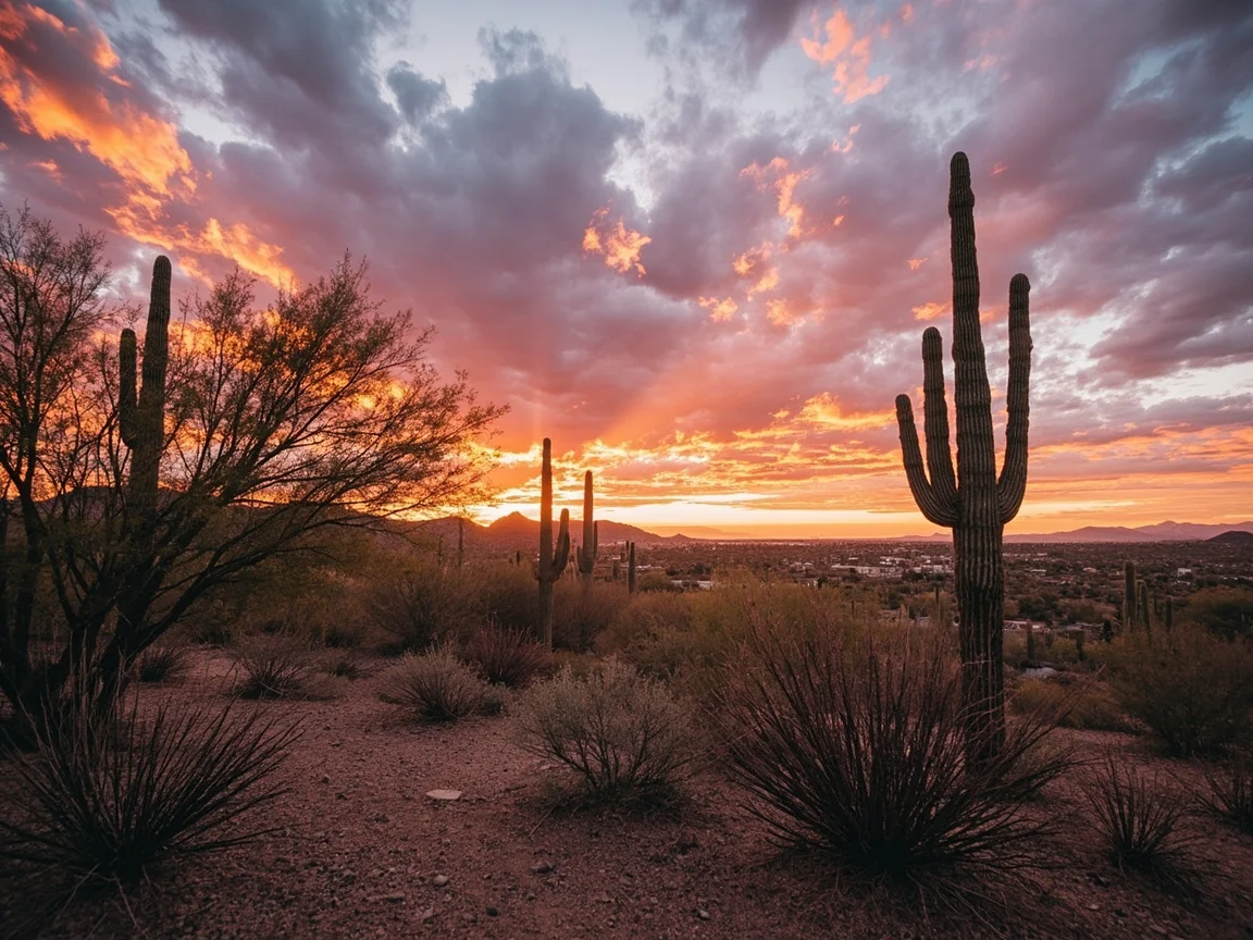 图片说明:凤凰城季风季 Saguaro 仙人掌剪影与闪电同框的夜间实拍示意图