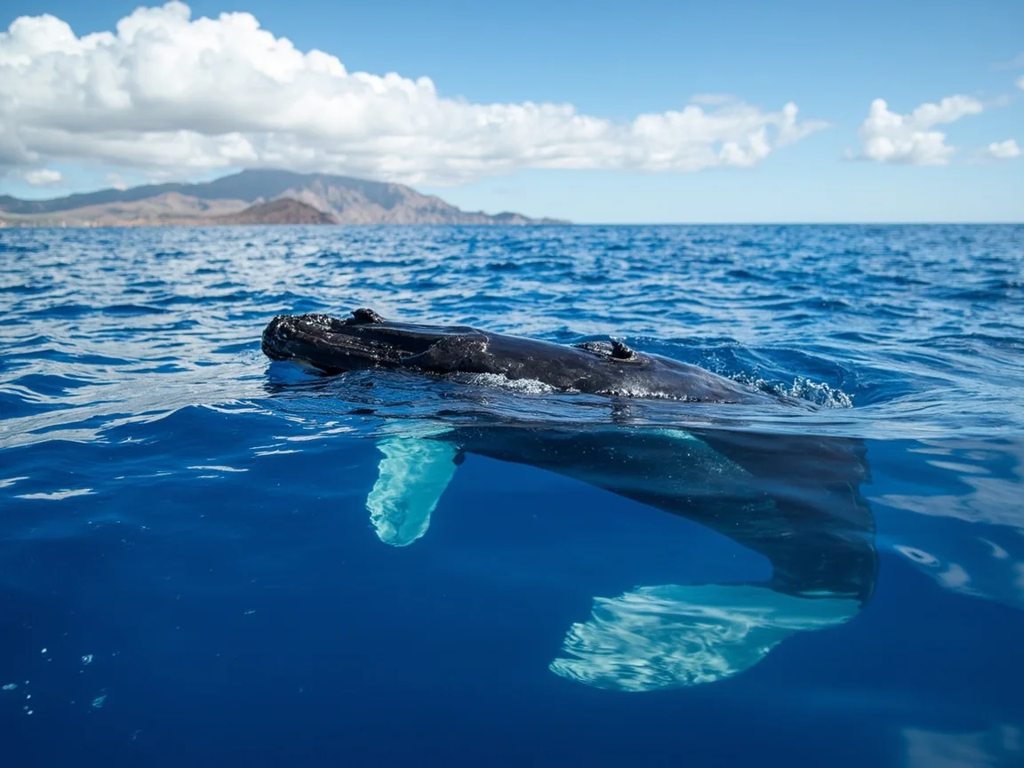 Maui whale watching season panorama: aerial view of whale pods and coastline