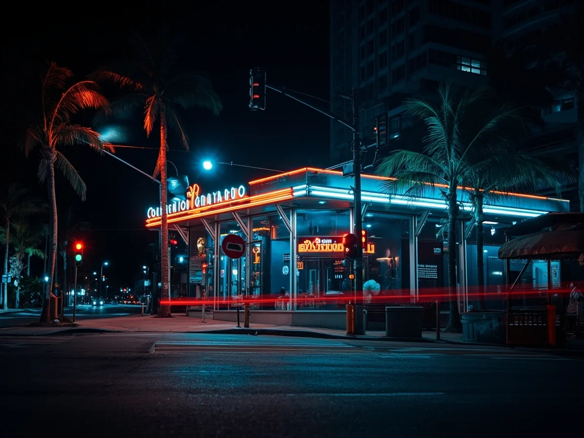 Ночной неон South Beach и уличный пейзаж с отелями