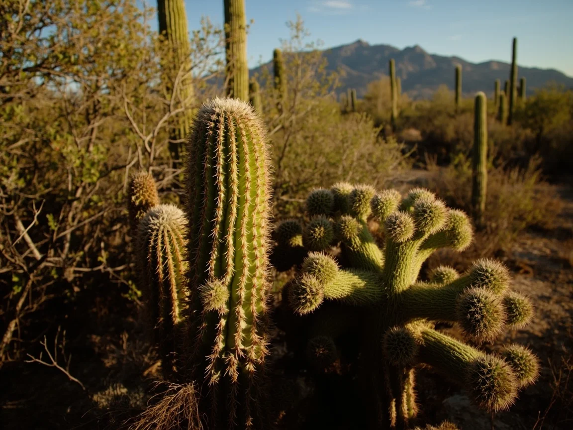 Подпись к изображению: лес сагуаро на закате в национальном парке Saguaro