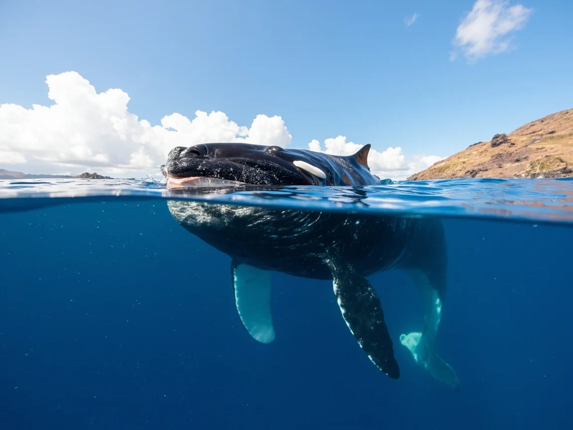 A whale breach moment during February sunrise hours