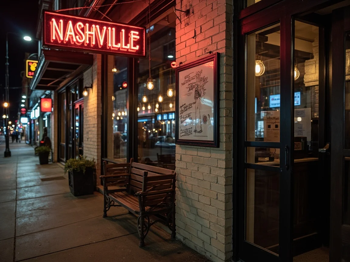 Описание изображения: ночная панорама Nashville Tennessee и огни Broadway