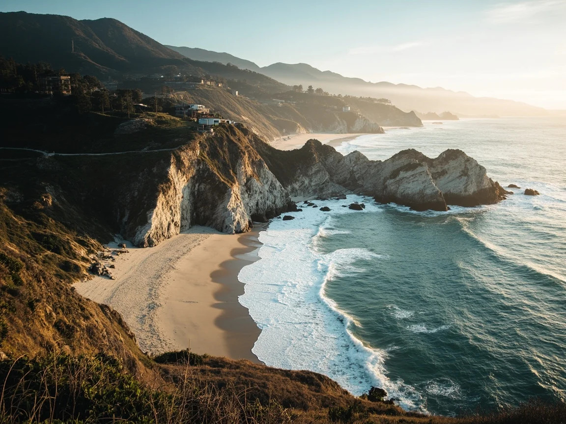 图片说明:大苏尔 1 号公路在春日薄雾中的 Bixby Bridge
