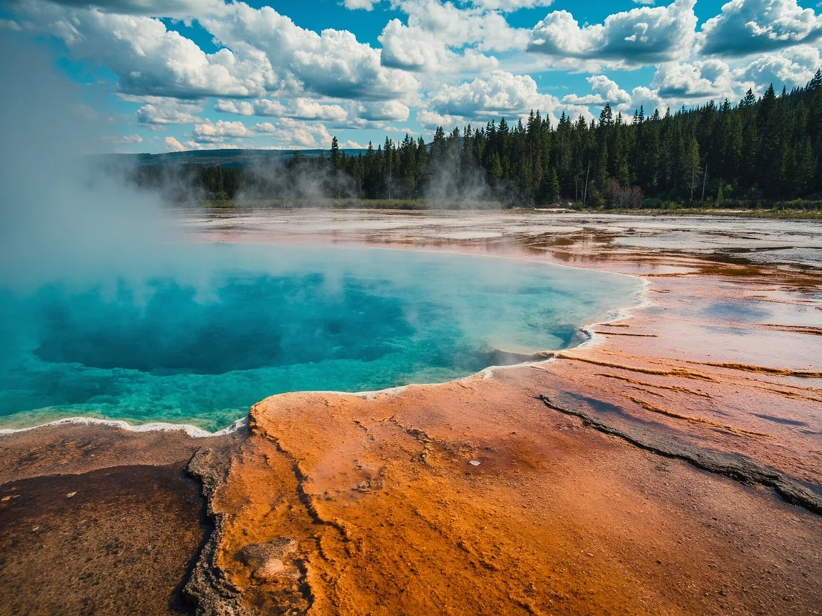 Pemandangan luar kabin Old Faithful dengan kabus pagi