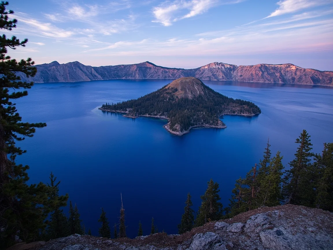 图片说明:Crater Lake 经典观景点在清晨薄雾中的深蓝色湖面