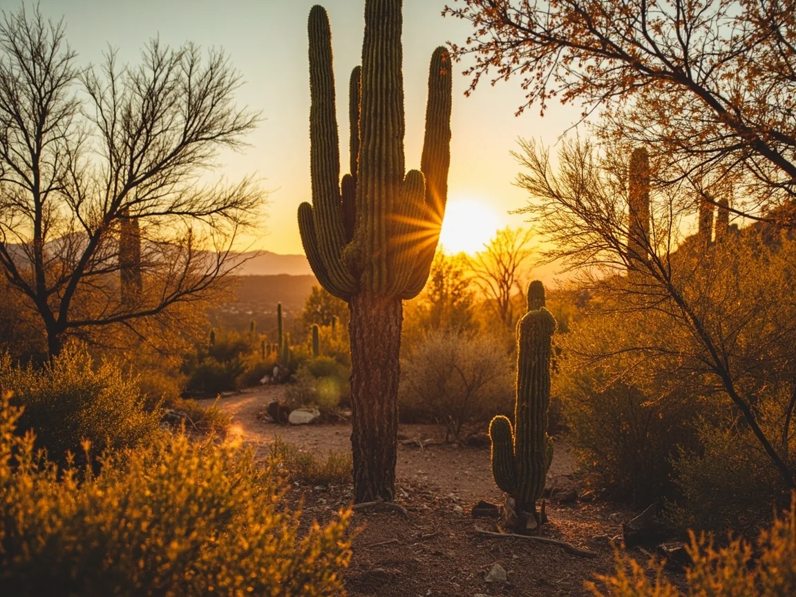 图片说明:Tucson 沙漠日落与远山剪影