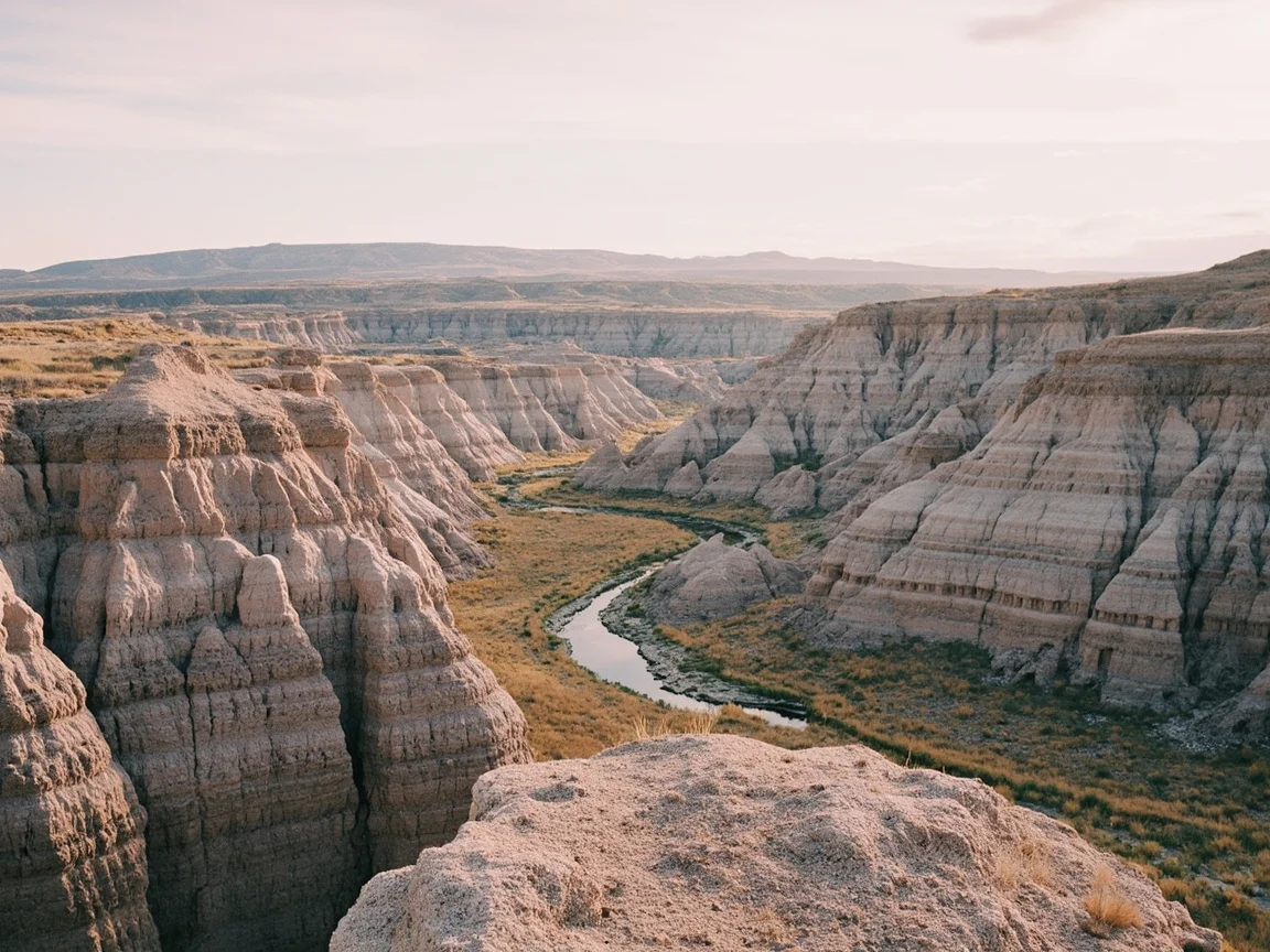 Chú thích ảnh: Bình minh tại khu cắm trại Cedar Pass, Badlands National Park, các lớp đá nhiều màu phía xa được nắng sớm nhuộm vàng đỏ