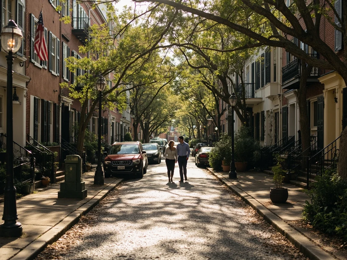 Hình 2 ánh sáng buổi sáng trên phố khu phố cổ Charleston