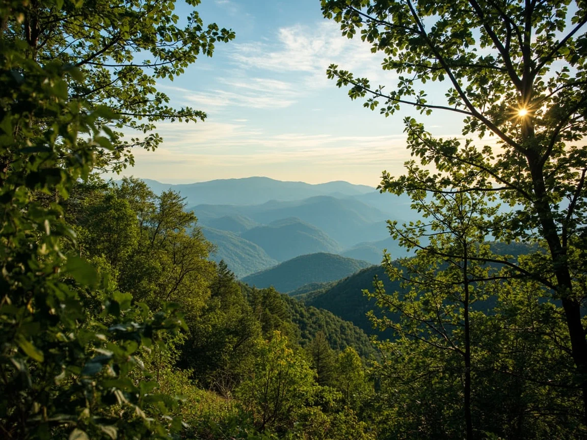 Туманный пейзаж и серпантин в Great Smoky Mountains
