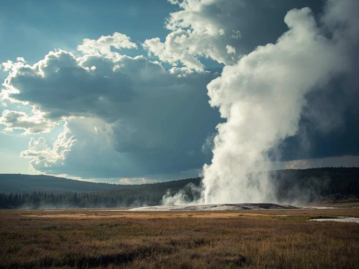 Описание фото: момент извержения гейзера Old Faithful в Yellowstone