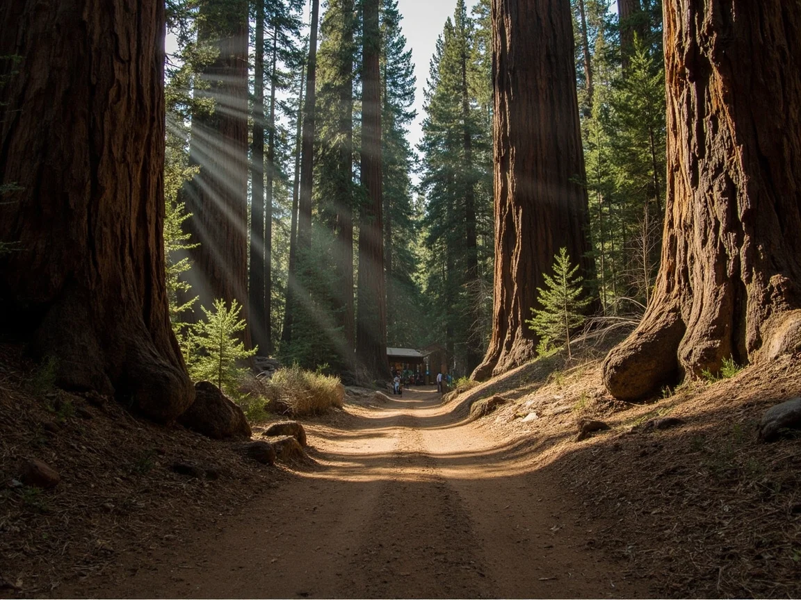 Mô tả ảnh: lều cắm trại và cabin gần rừng sequoia