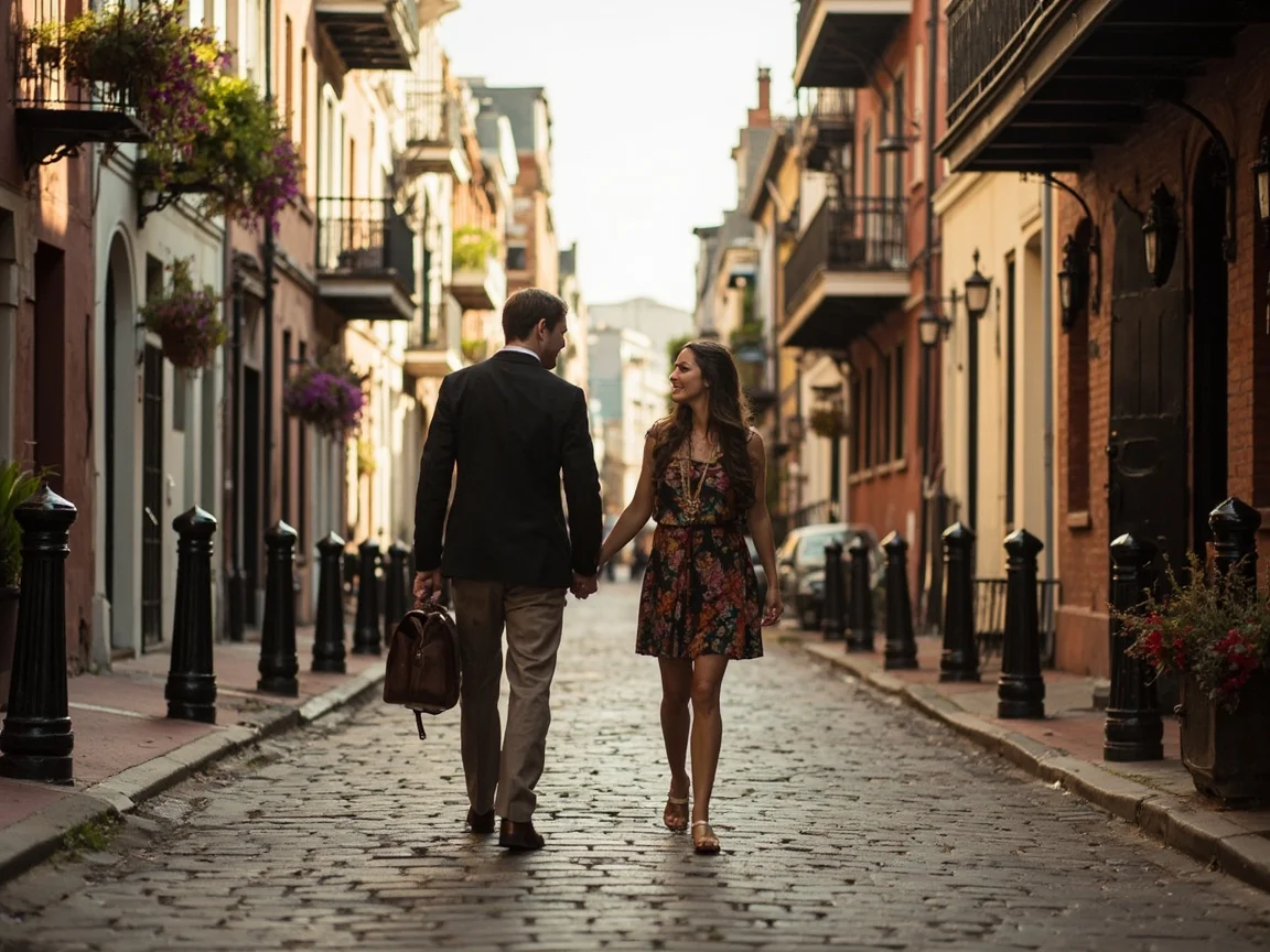 Hình 3 bóng lưng một cặp vợ chồng trong ngõ chợ đêm Charleston