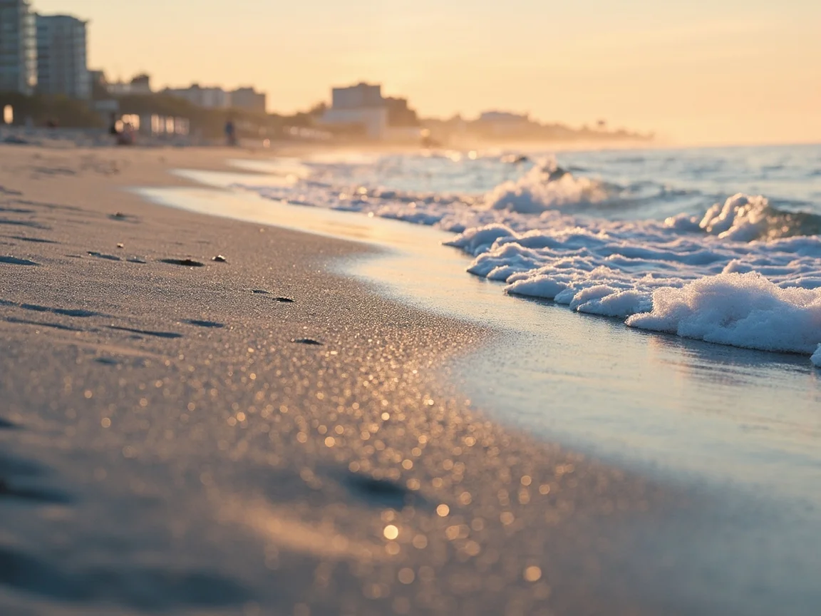 图片说明:Virginia Beach 海岸线清晨的薄雾与海景房天际线