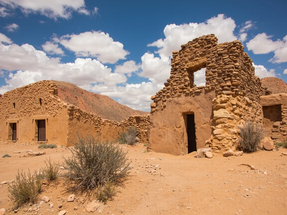 图片说明:Taos Pueblo 泥砖建筑群与落日余晖