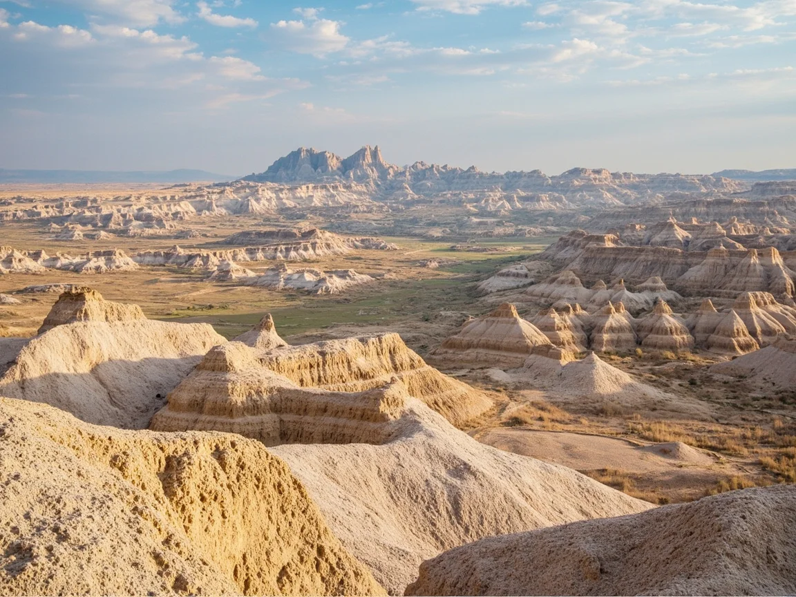 Chú thích ảnh: Phong cảnh đồng cỏ gần cổng phía bắc Badlands National Park, phía xa là đàn trâu rừng thong thả gặm cỏ