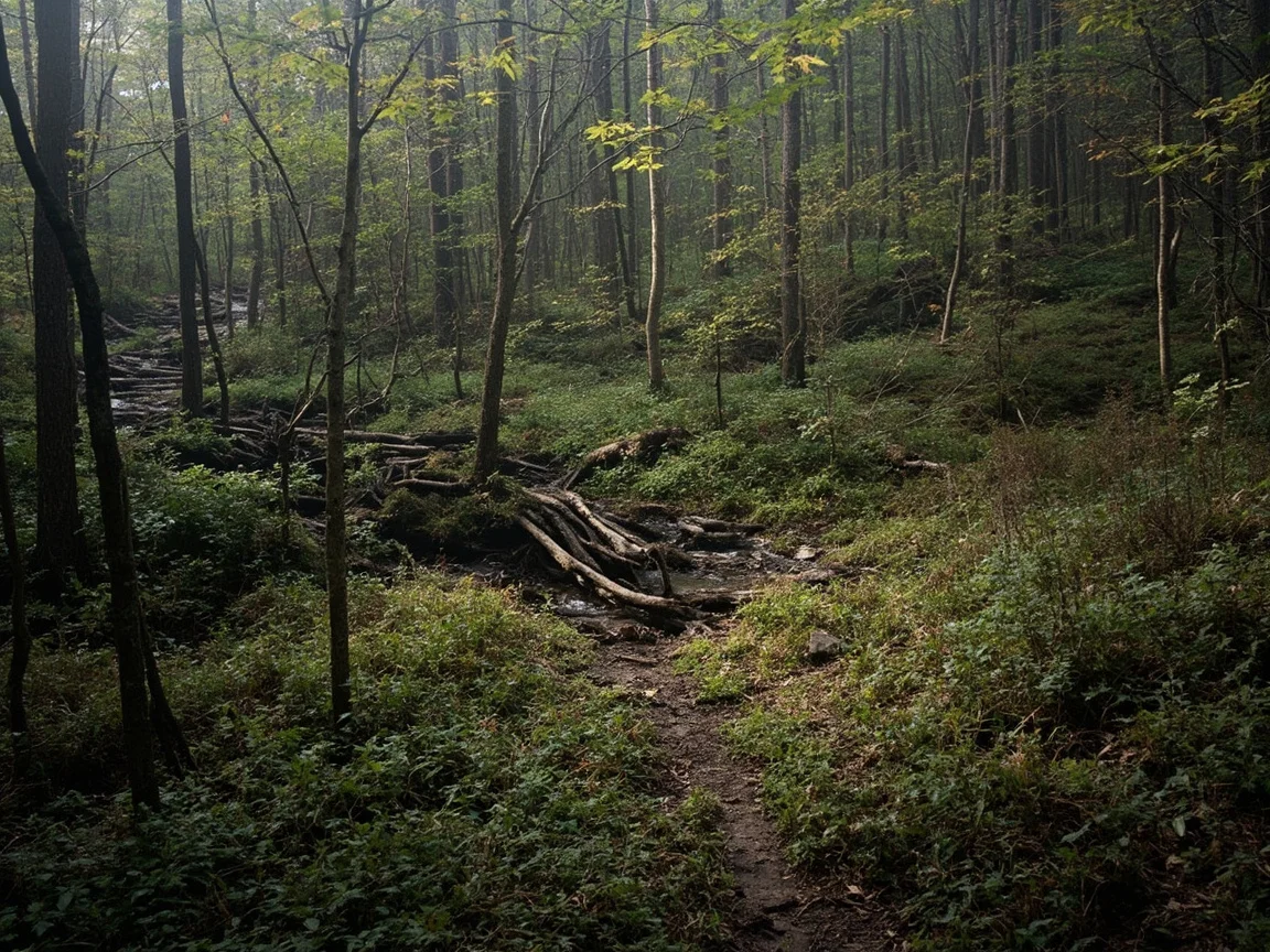 Hikers with bells crossing a forest trail