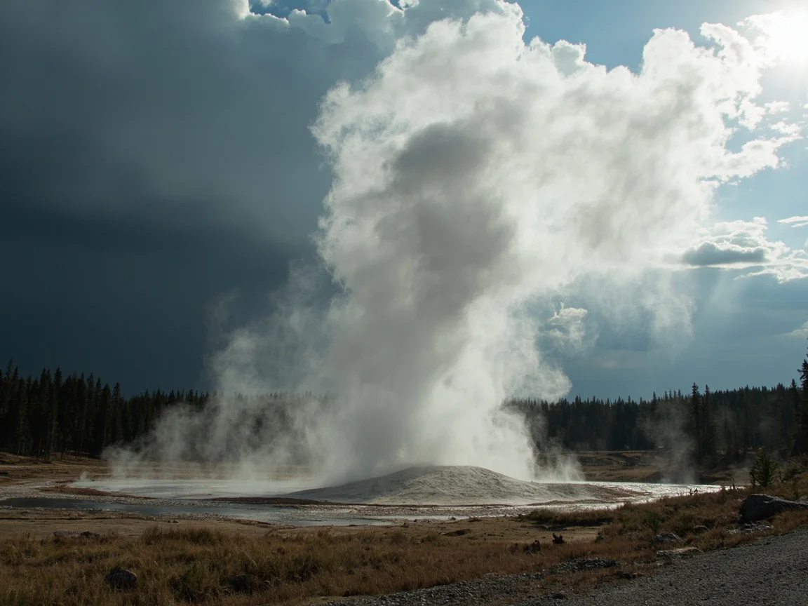 Описание фото: Млечный Путь и пар над гейзером в ночном небе Yellowstone