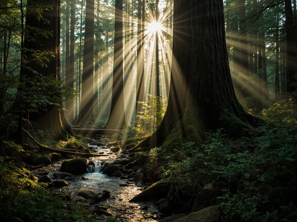 คำอธิบายภาพ: ทิวทัศน์ภายนอกกระท่อมกลางป่าใน Redwood National Park แสงหลังหมอกส่องผ่านยอดเรดวูด