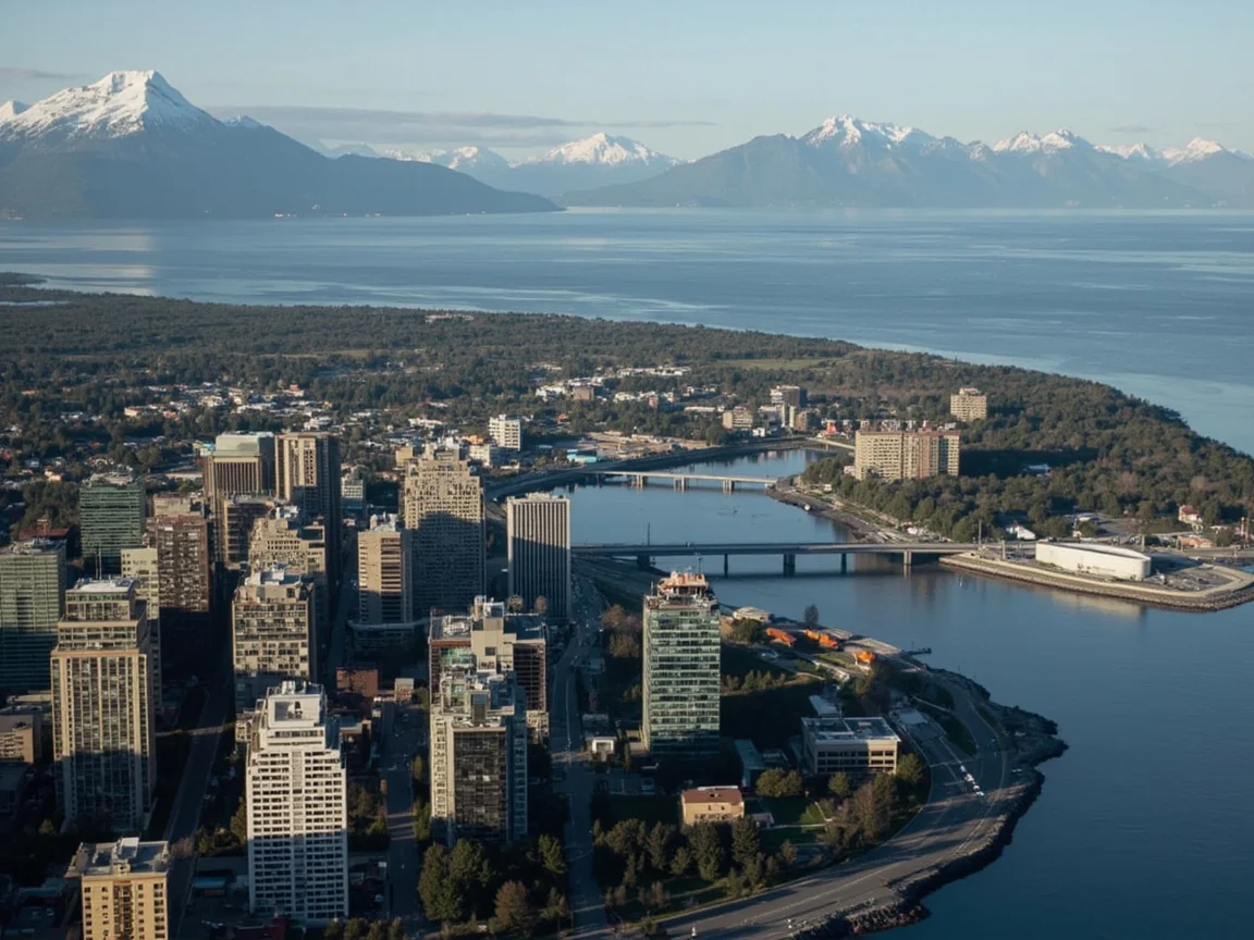 Aerial view of downtown Anchorage and Chugach Mountains