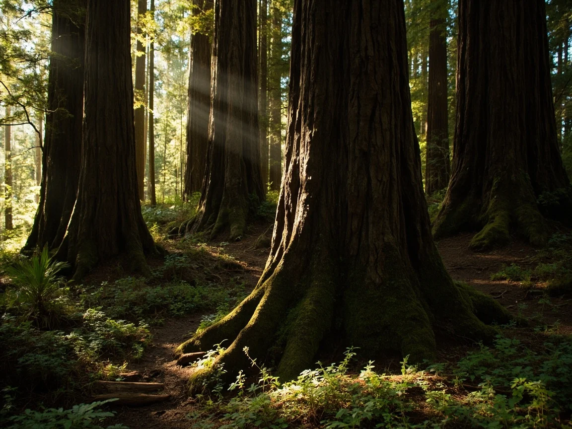 คำอธิบายภา�: ภายในกระท่อมไม้ของที่พัก Airbnb ใน Redwood National Park มองออกนอกหน้าต่างเห็นป่าเรดวูดในหมอกยามเช้า