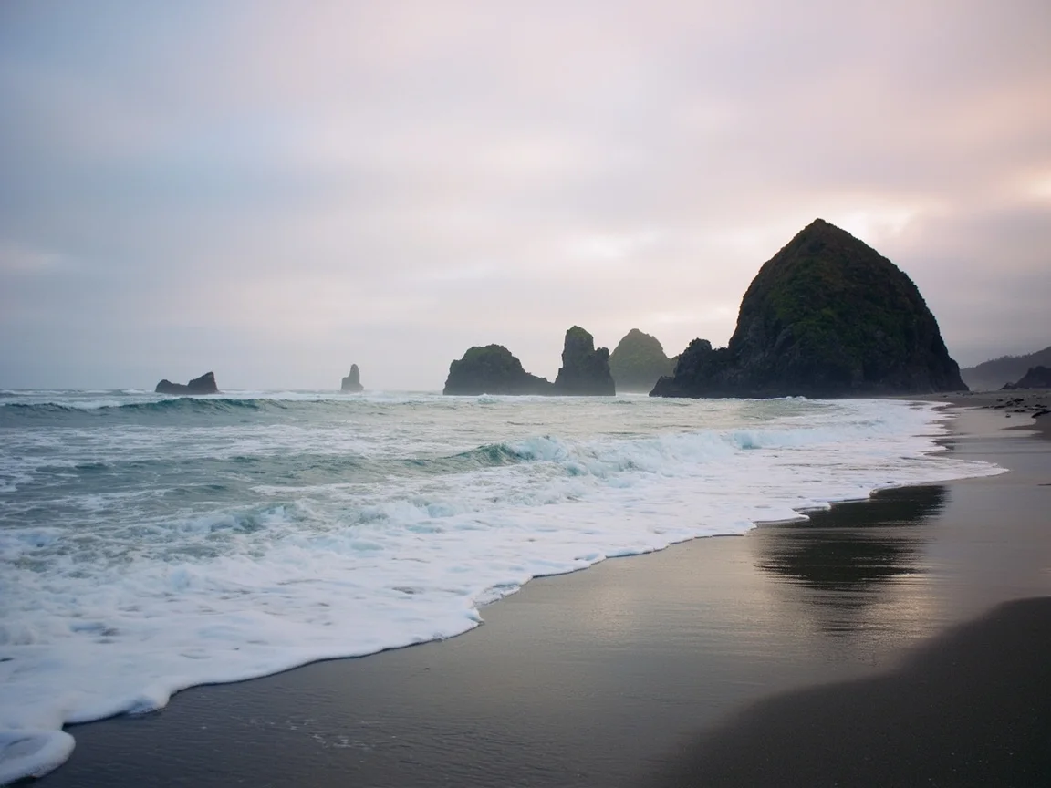 图片说明:Cannon Beach 海岸线与 Haystack Rock 全景