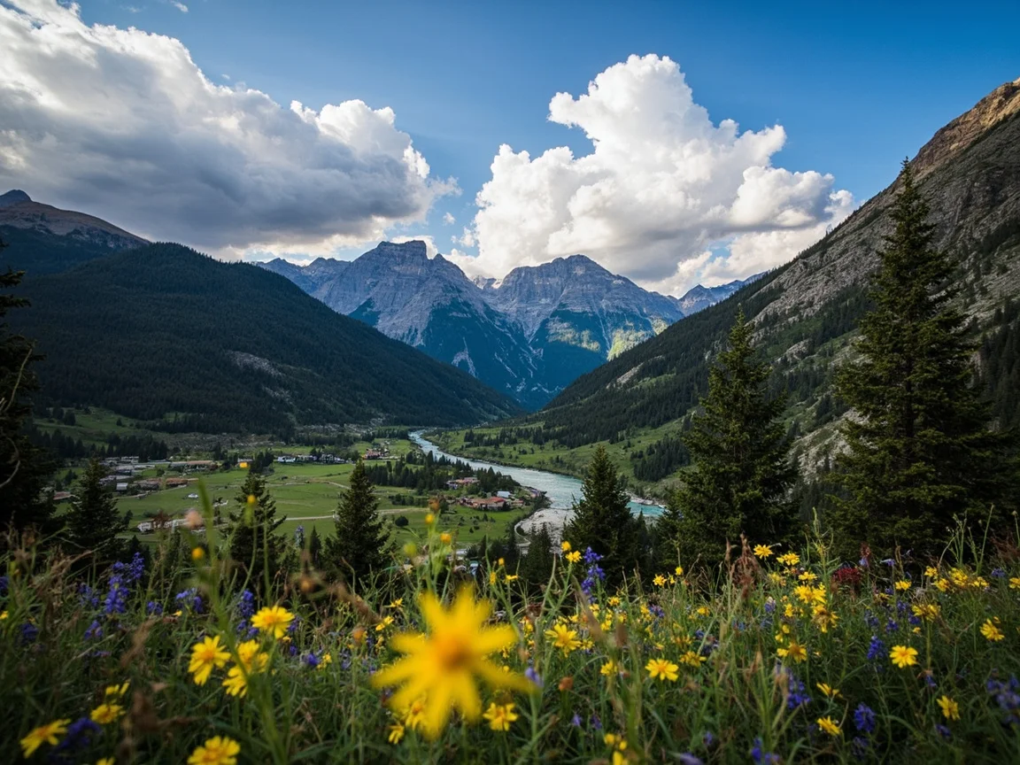 คำอธิบายภาพ: อาคารไม้ใน Vail Village ยามค่ำคืนประดับไฟและของตกแต่งสกี