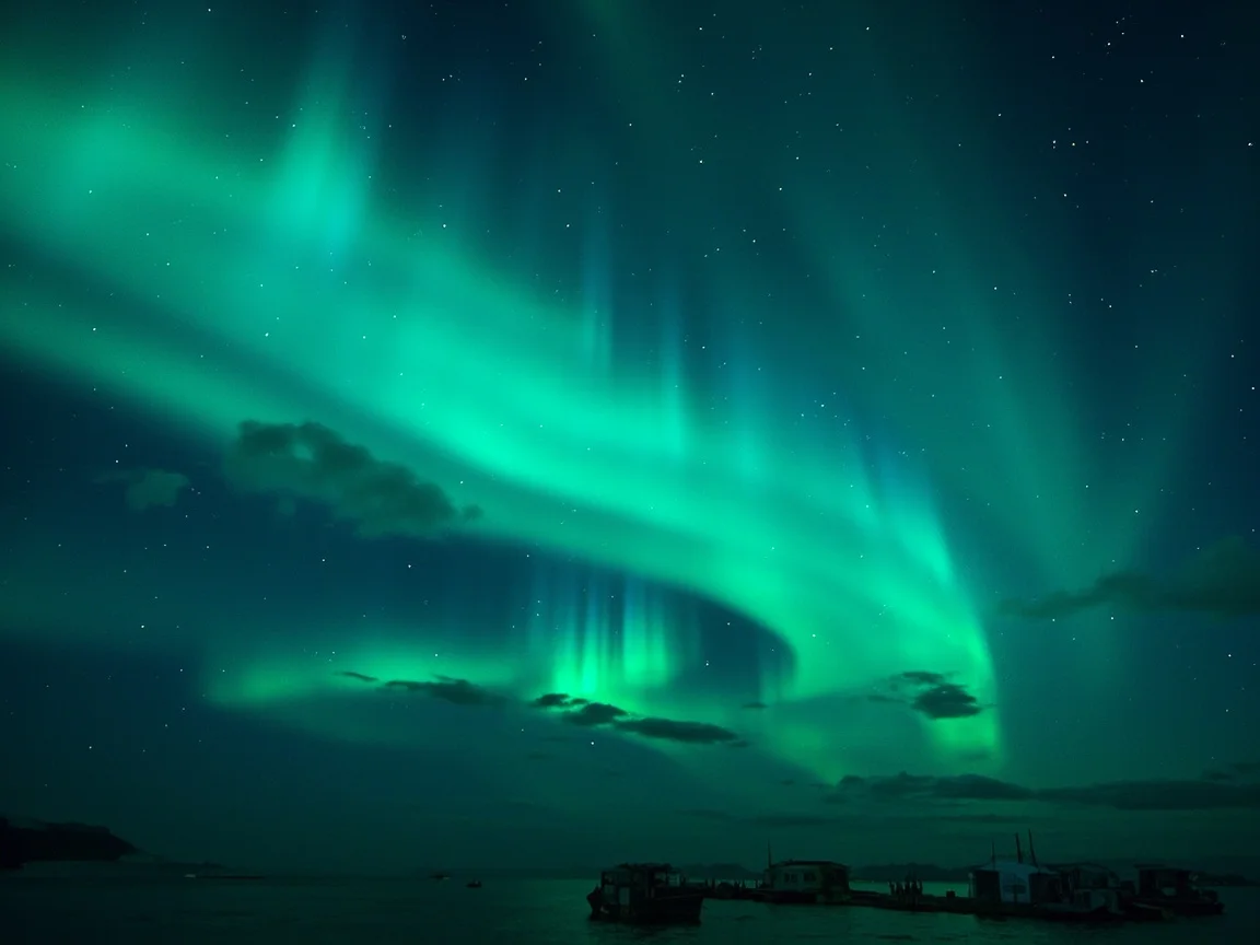 Image caption: Sa ilalim ng aurora, nakaayos sa labas ng snow cabin ang snow boots, hand warmers, at hot drink
