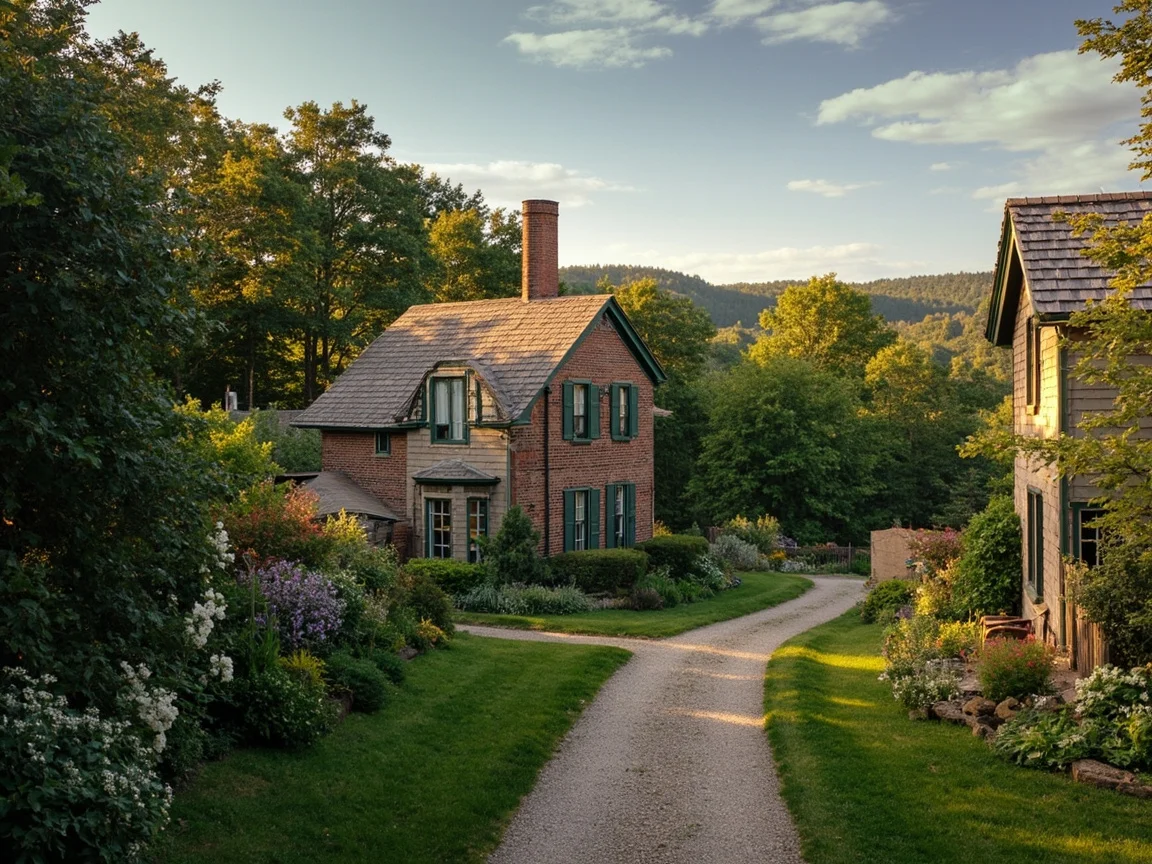 คำอธิบายภาพ: ภูเขาและถนนในเมืองเล็กๆ ฤดูใบไม้ร่วงของ Berkshires
