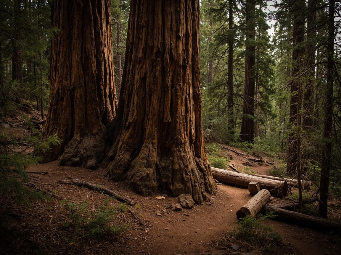 图片说明:Sequoia National Park 傍晚的夕阳透过巨杉林树冠