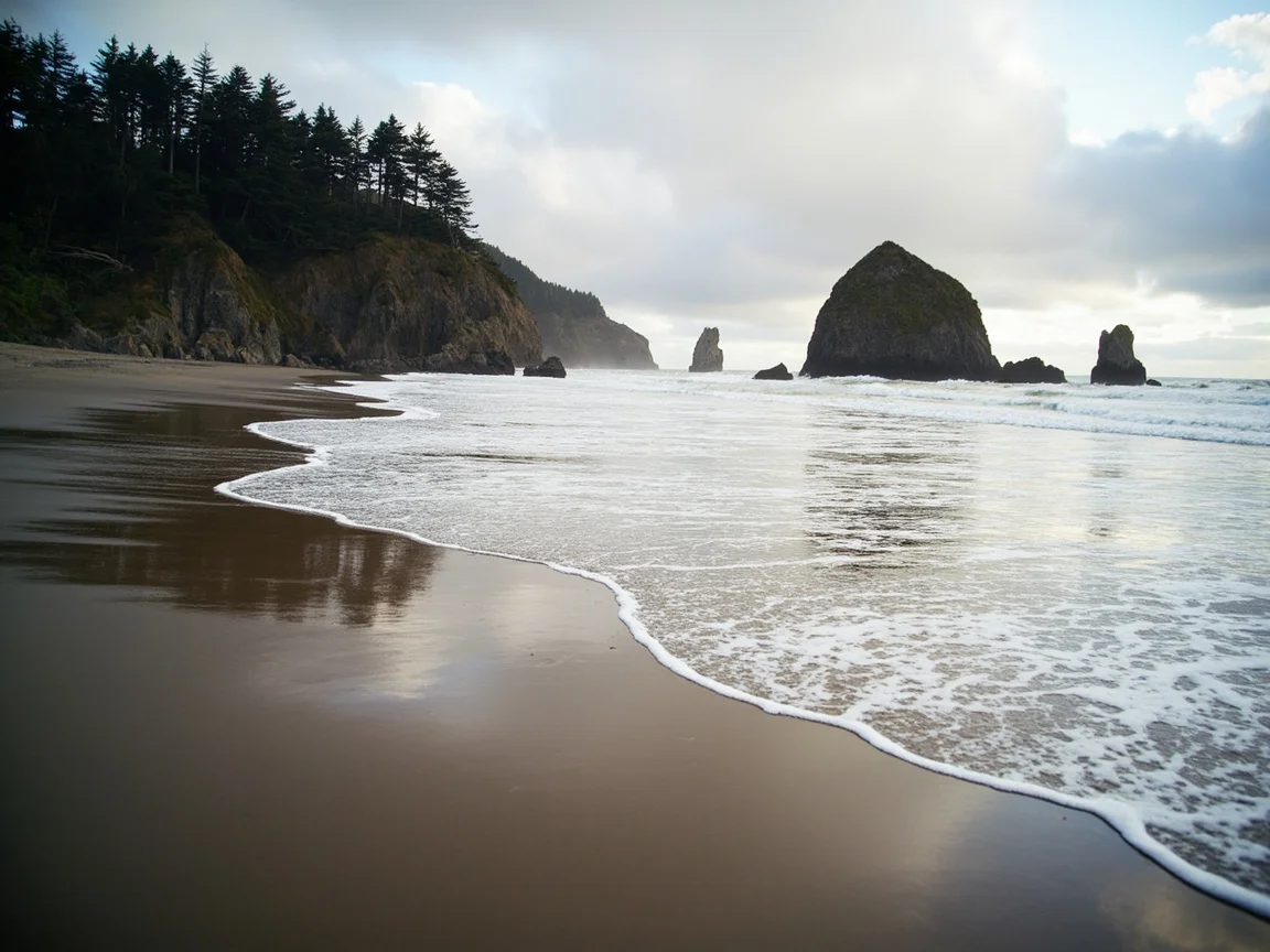 图片说明:傍晚 Cannon Beach 栈桥日落场景
